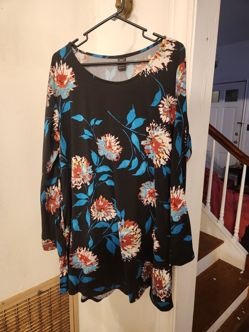 Lily Black Floral Long-Sleeve Dress with Teal Leaves and Coral Blooms